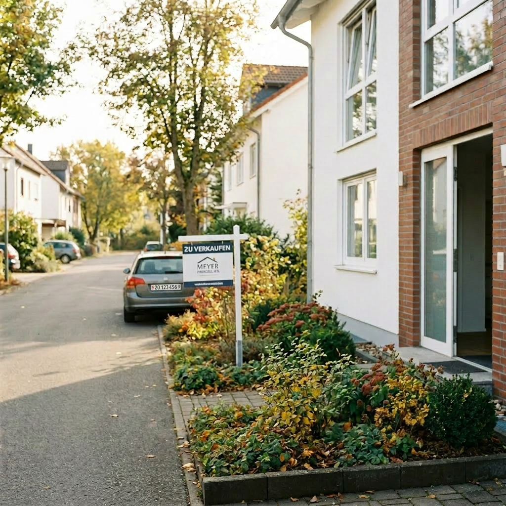Real estate agent talking to a couple and two older adults outside a house with for sale sign